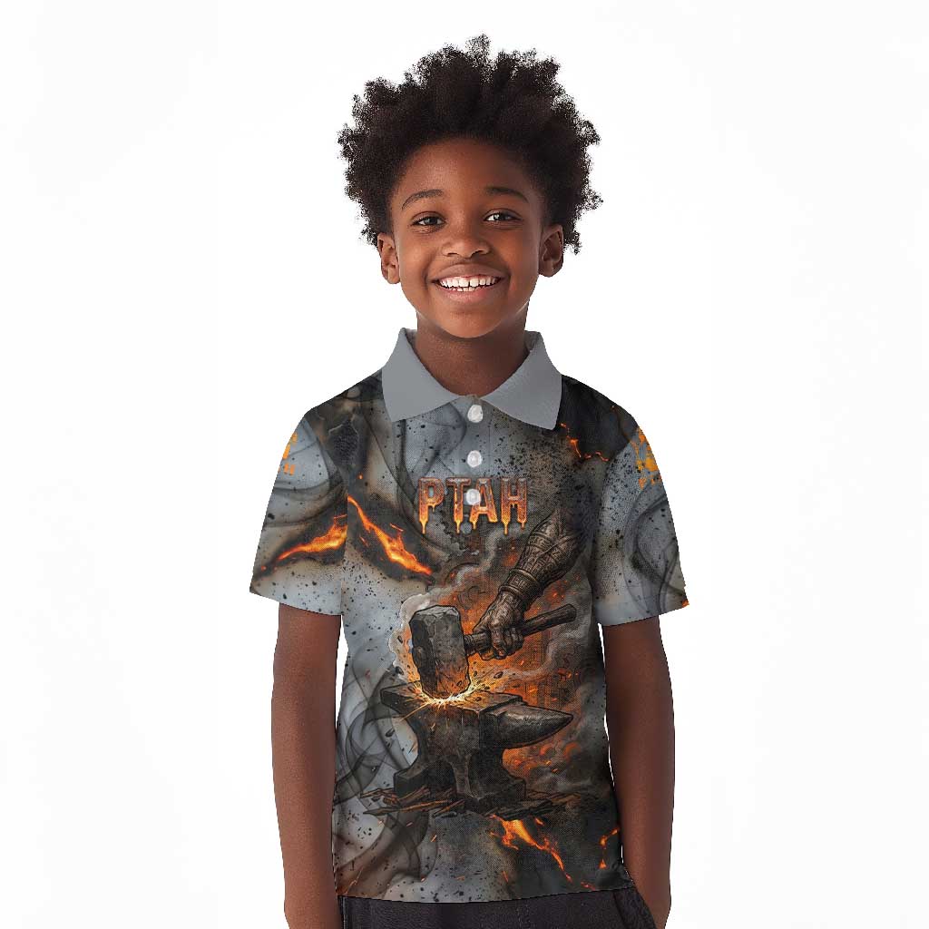 Ptah Egyptian Kid Polo Shirt God of Creation Great Artificer Hammer - Anvil Fire Forged