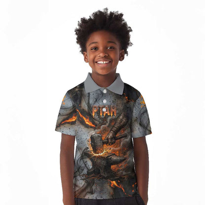 Ptah Egyptian Kid Polo Shirt God of Creation Great Artificer Hammer - Anvil Fire Forged