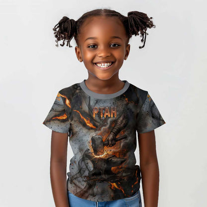Ptah Egyptian Kid T shirt God of Creation Great Artificer Hammer - Anvil Fire Forged