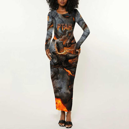 Ptah Egyptian Long Sleeve Bodycon Dress God of Creation Great Artificer Hammer - Anvil Fire Forged