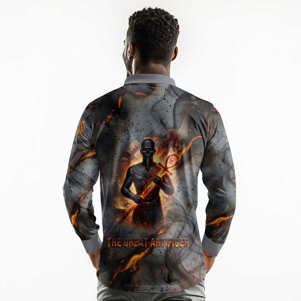 Ptah Egyptian Long Sleeve Polo Shirt God of Creation Great Artificer Hammer - Anvil Fire Forged