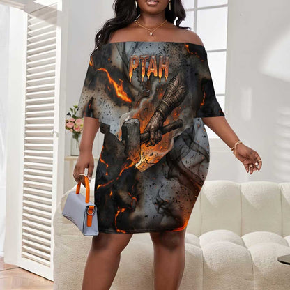 Ptah Egyptian Off Shoulder Short Dress God of Creation Great Artificer Hammer - Anvil Fire Forged