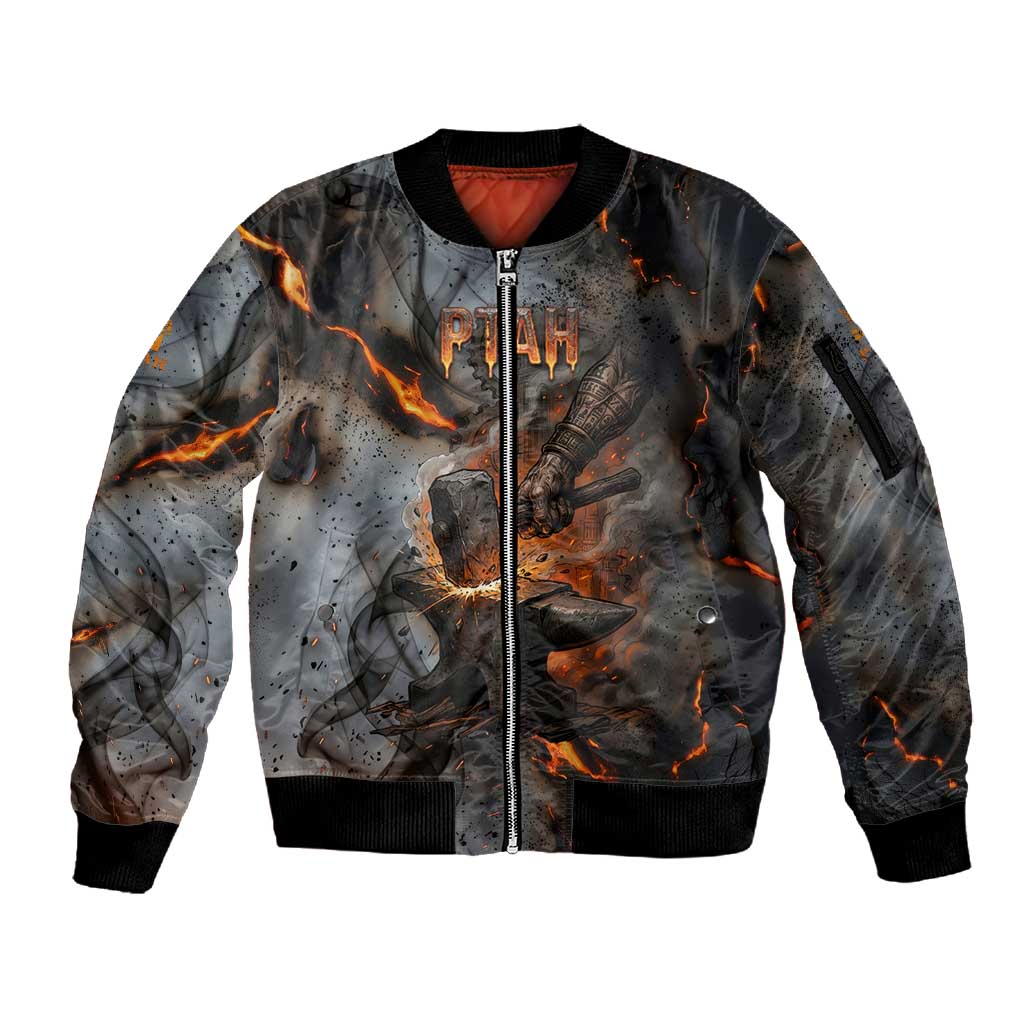 Ptah Egyptian Sleeve Zip Bomber Jacket God of Creation Great Artificer Hammer - Anvil Fire Forged