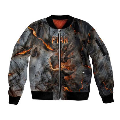 Ptah Egyptian Sleeve Zip Bomber Jacket God of Creation Great Artificer Hammer - Anvil Fire Forged