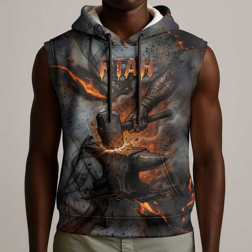 Ptah Egyptian Sleeveless Hoodie God of Creation Great Artificer Hammer - Anvil Fire Forged