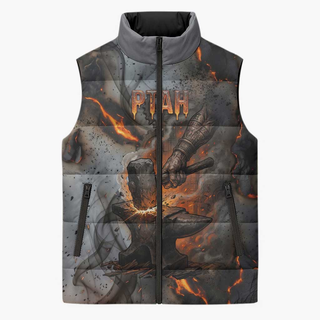 Ptah Egyptian Sleeveless Puffer Jacket God of Creation Great Artificer Hammer - Anvil Fire Forged