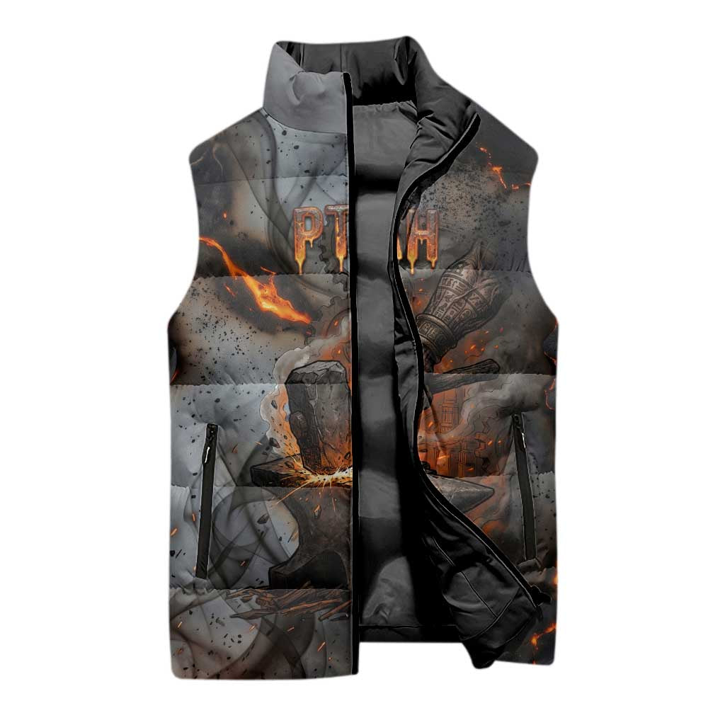 Ptah Egyptian Sleeveless Puffer Jacket God of Creation Great Artificer Hammer - Anvil Fire Forged