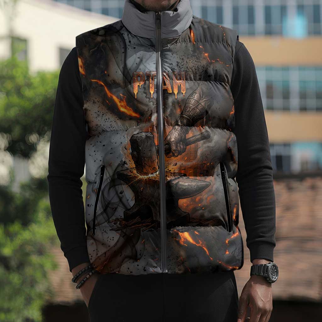 Ptah Egyptian Sleeveless Puffer Jacket God of Creation Great Artificer Hammer - Anvil Fire Forged