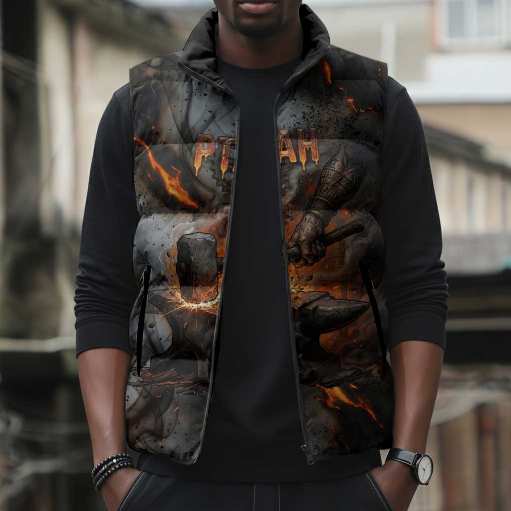 Ptah Egyptian Sleeveless Puffer Jacket God of Creation Great Artificer Hammer - Anvil Fire Forged
