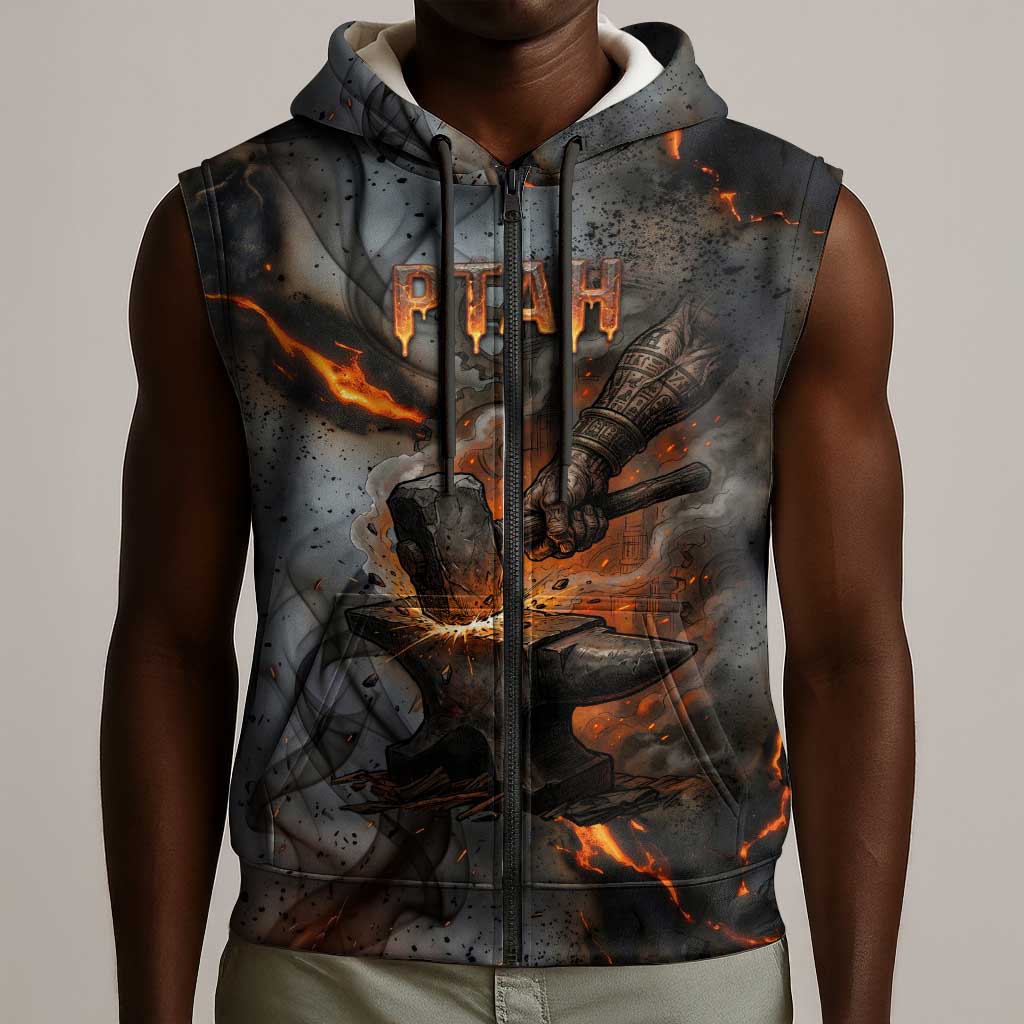 Ptah Egyptian Sleeveless Zip Hoodie God of Creation Great Artificer Hammer - Anvil Fire Forged