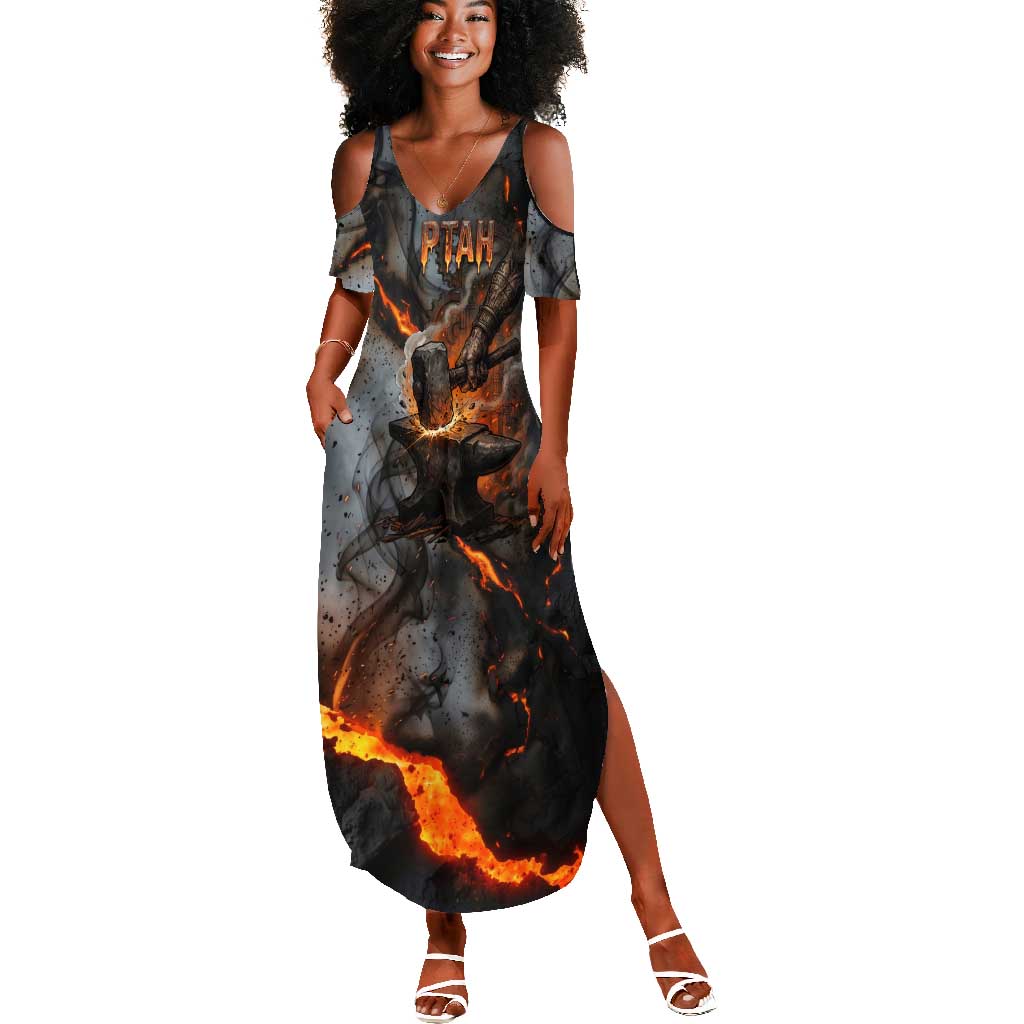 Ptah Egyptian Summer Maxi Dress God of Creation Great Artificer Hammer - Anvil Fire Forged