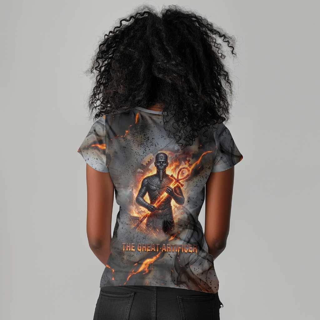 Ptah Egyptian Women V-Neck T-Shirt God of Creation Great Artificer Hammer - Anvil Fire Forged