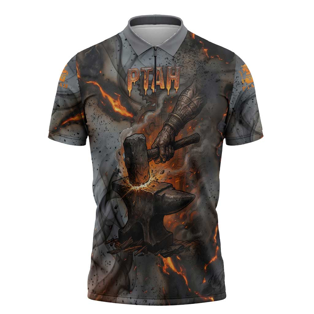 Ptah Egyptian Zipper Polo Shirt God of Creation Great Artificer Hammer - Anvil Fire Forged