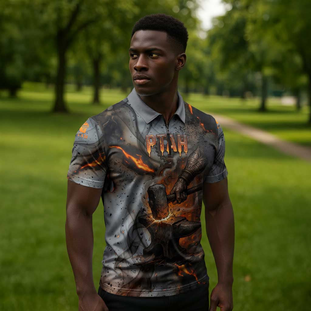 Ptah Egyptian Zipper Polo Shirt God of Creation Great Artificer Hammer - Anvil Fire Forged