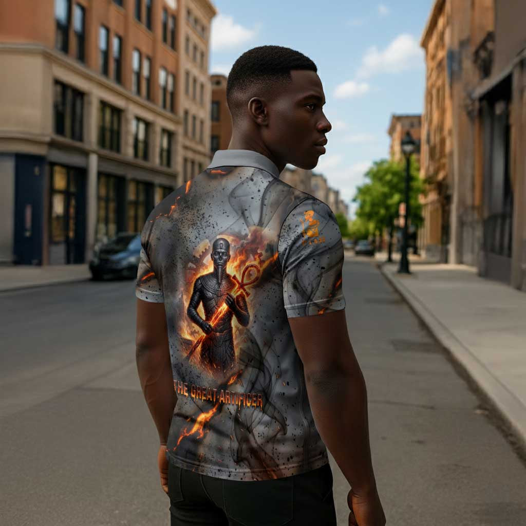 Ptah Egyptian Zipper Polo Shirt God of Creation Great Artificer Hammer - Anvil Fire Forged