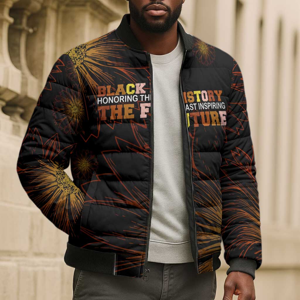 Black History Month Black African American Teachers Bomber Puffer Jacket Afrocentric Floral Art with Motivational Typography