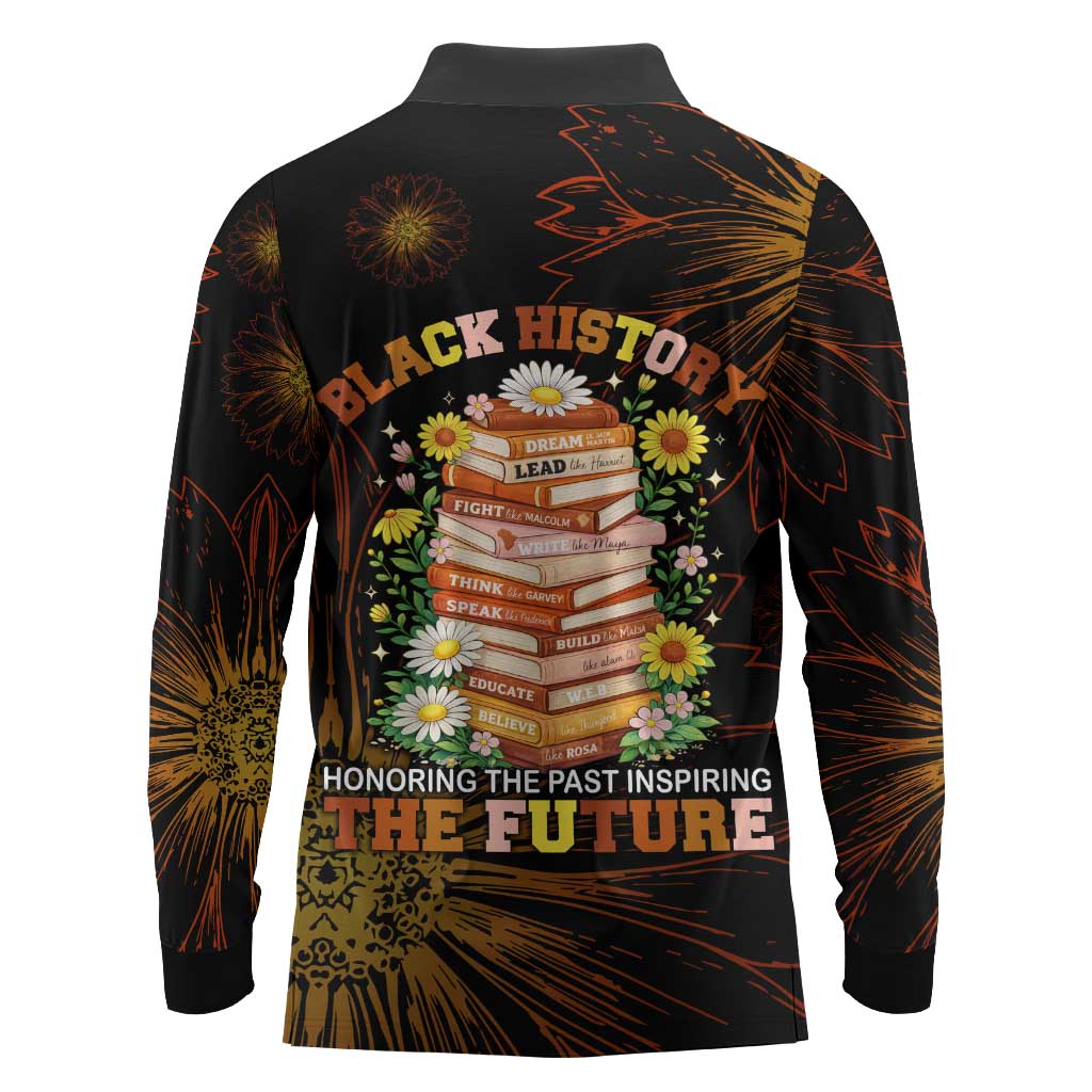 Black History Month Black African American Teachers Long Sleeve Polo Shirt Afrocentric Floral Art with Motivational Typography