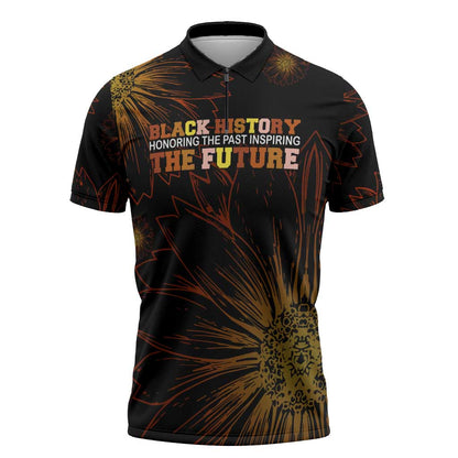 Black History Month Black African American Teachers Zipper Polo Shirt Afrocentric Floral Art with Motivational Typography
