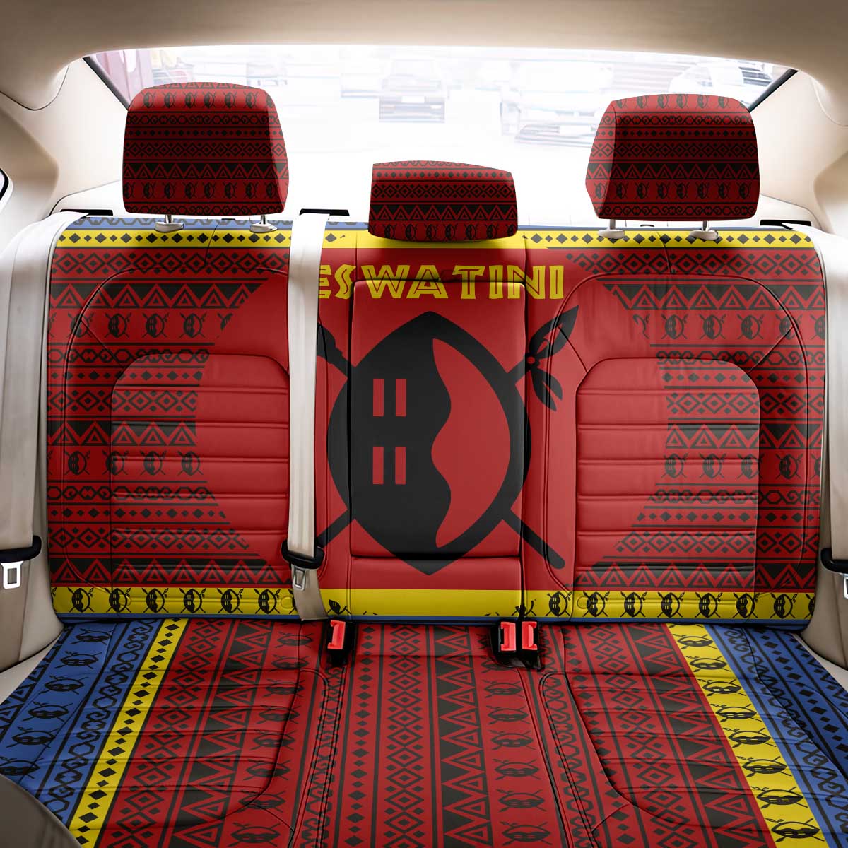 Eswatini Flag Back Car Seat Cover Nguni Shield Spear Pattern