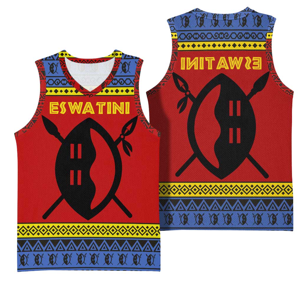 Eswatini Flag Basketball Jersey Nguni Shield Spear Pattern - African Pride