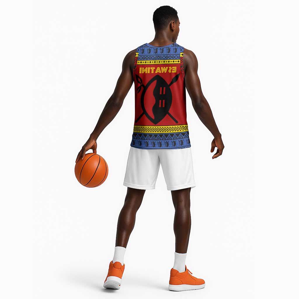 Eswatini Flag Basketball Jersey Nguni Shield Spear Pattern - African Pride