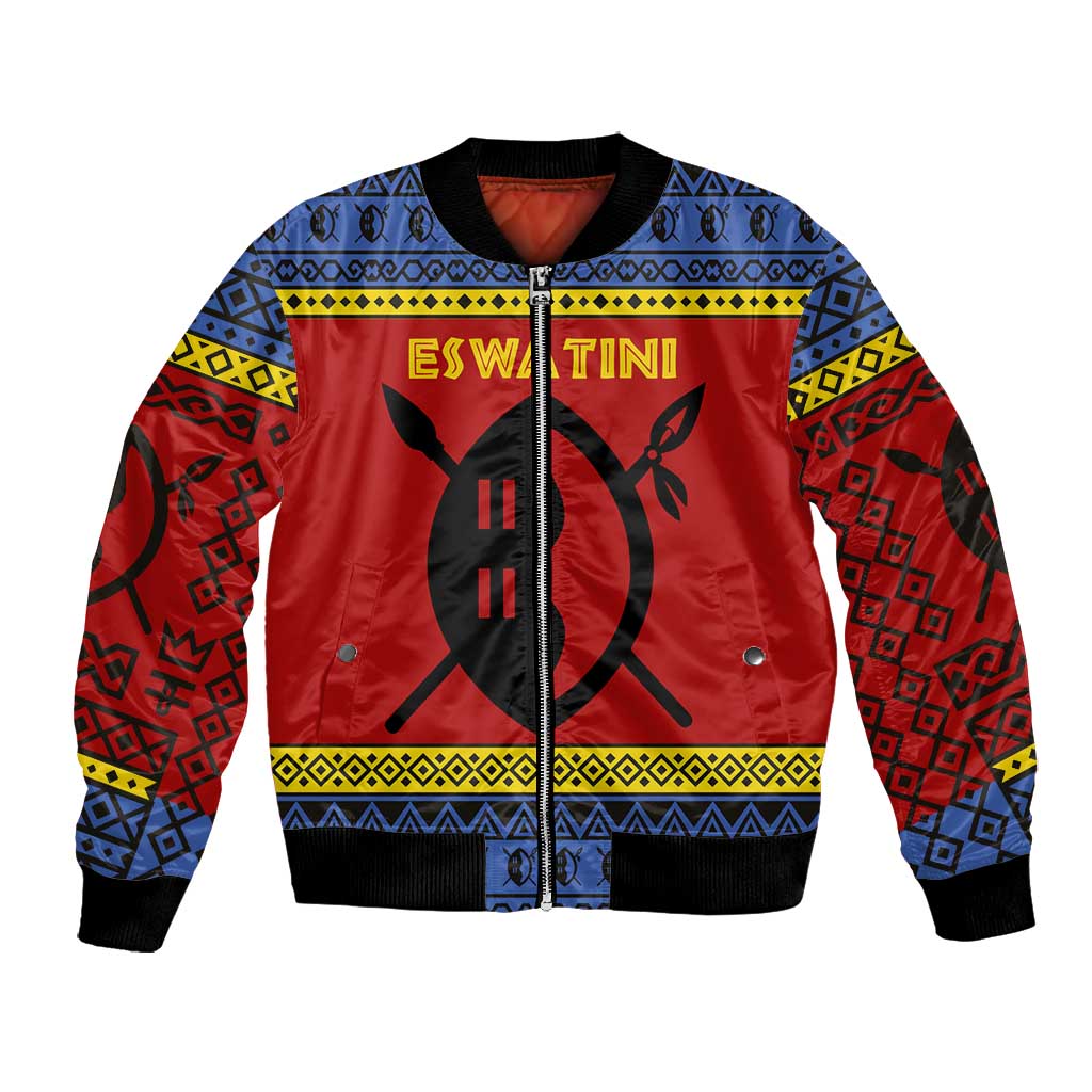 Eswatini Flag Bomber Jacket Nguni Shield Spear Pattern