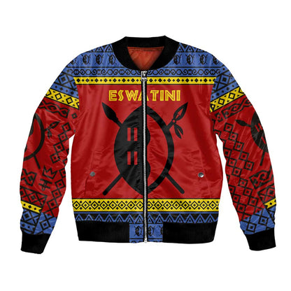 Eswatini Flag Bomber Jacket Nguni Shield Spear Pattern