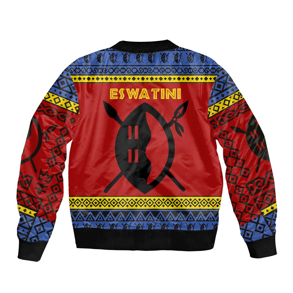 Eswatini Flag Bomber Jacket Nguni Shield Spear Pattern