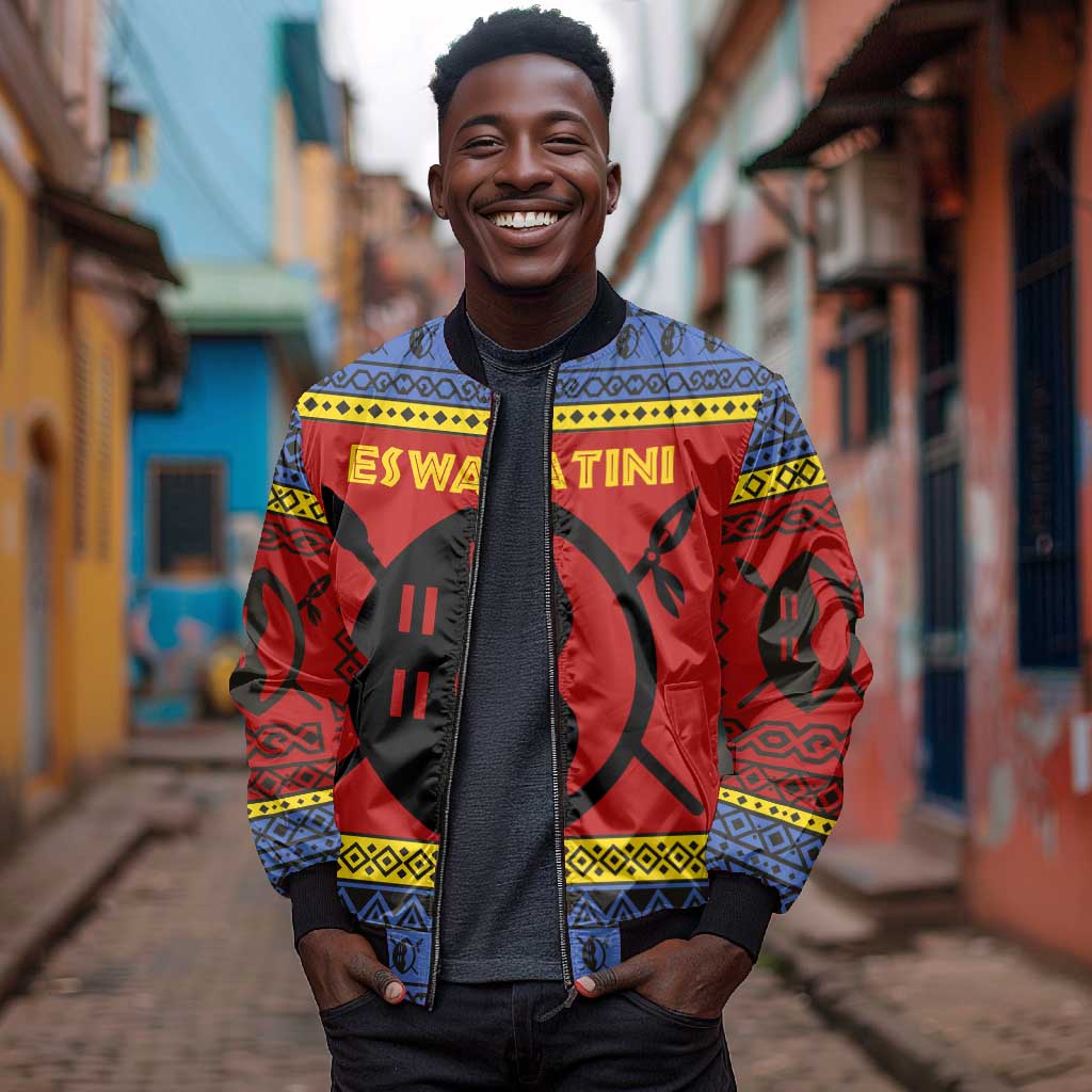 Eswatini Flag Bomber Jacket Nguni Shield Spear Pattern