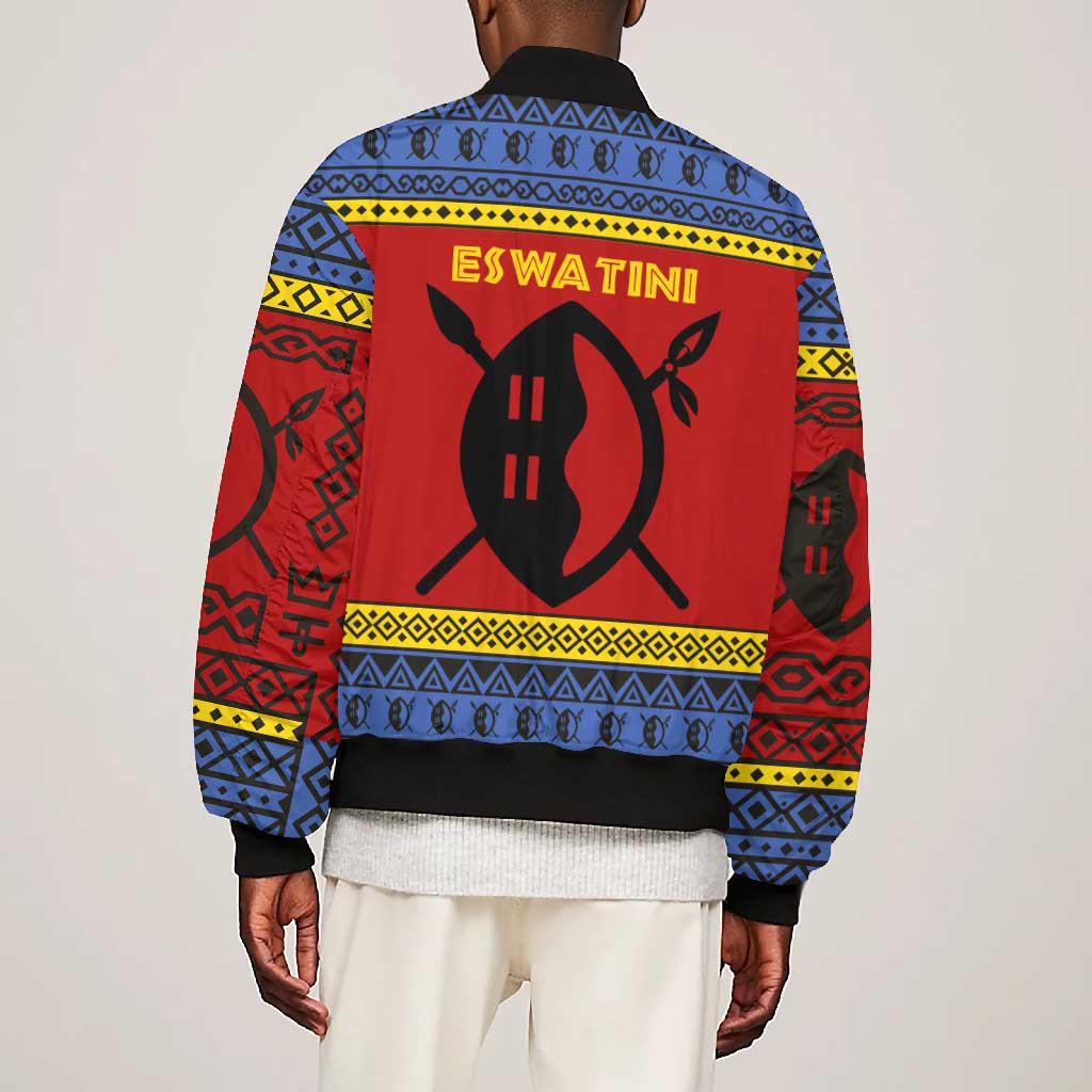 Eswatini Flag Bomber Jacket Nguni Shield Spear Pattern