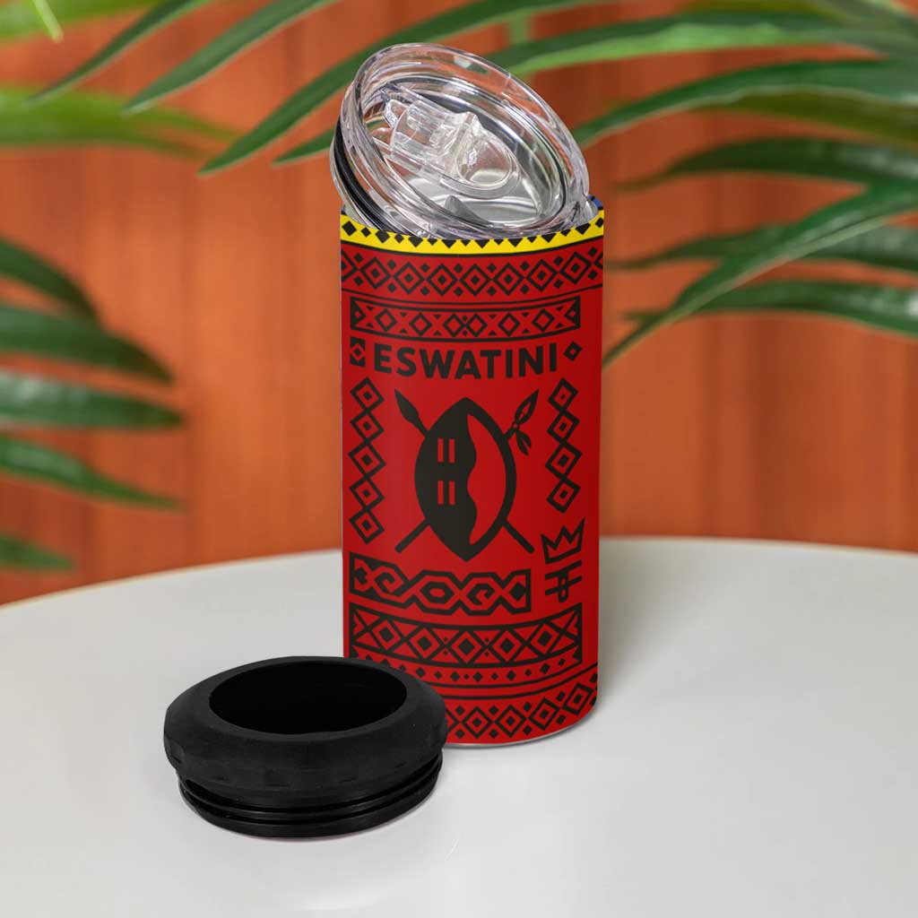 Eswatini Flag 4 in 1 Can Cooler Tumbler Nguni Shield Spear Pattern