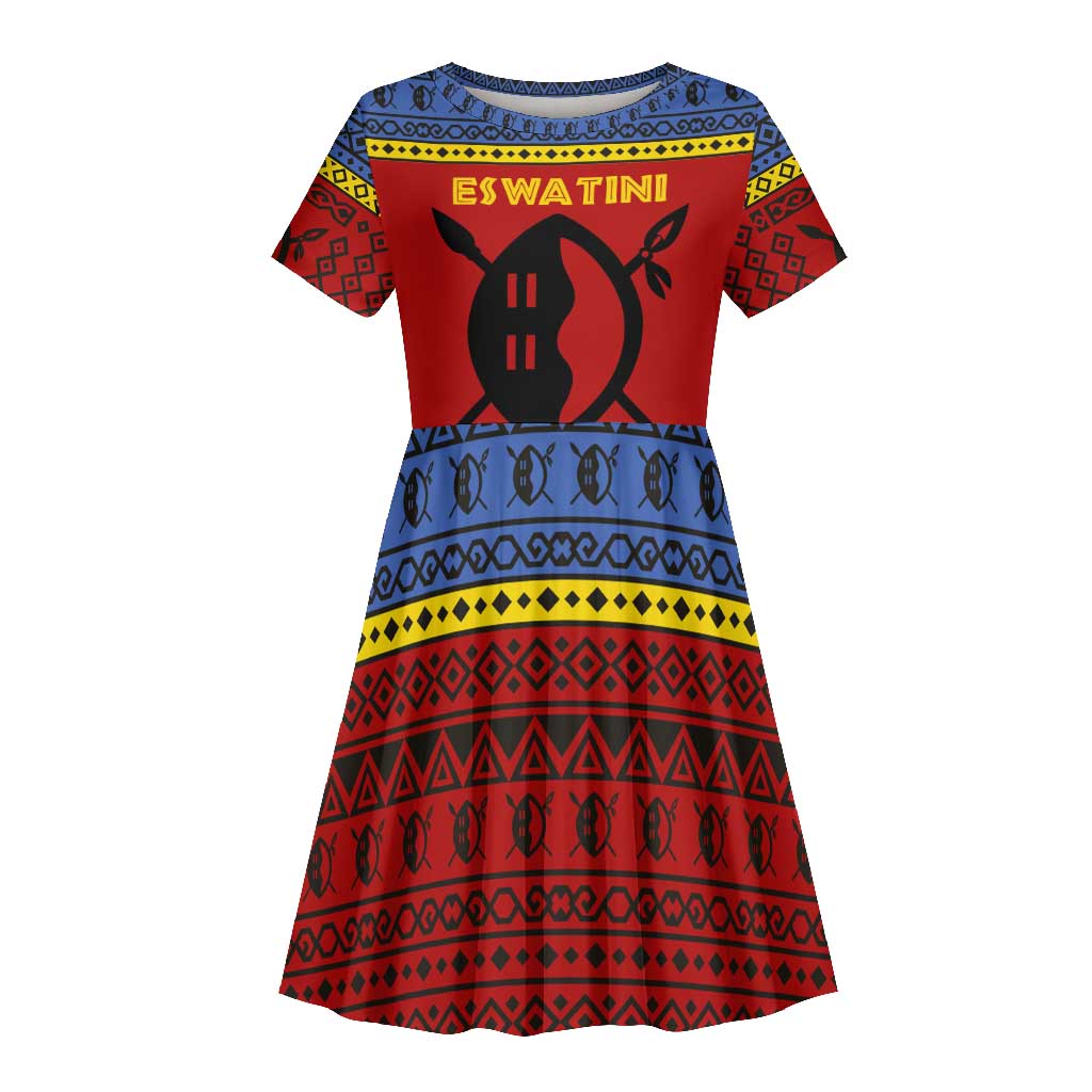 Eswatini Flag Kid Short Sleeve Dress Nguni Shield Spear Pattern