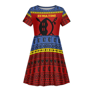 Eswatini Flag Kid Short Sleeve Dress Nguni Shield Spear Pattern