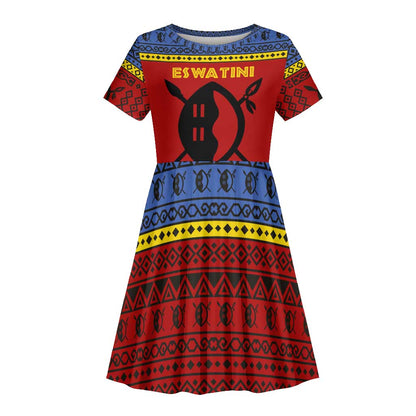 Eswatini Flag Kid Short Sleeve Dress Nguni Shield Spear Pattern