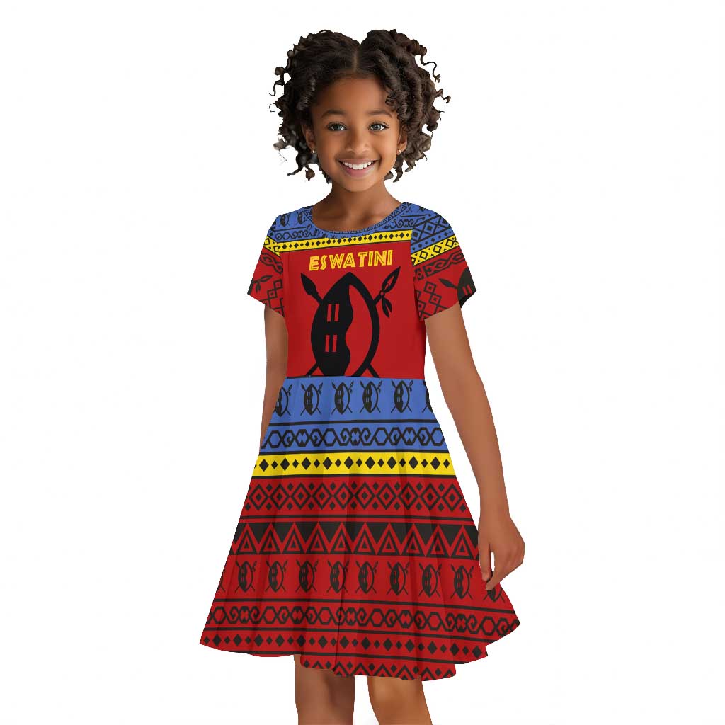 Eswatini Flag Kid Short Sleeve Dress Nguni Shield Spear Pattern