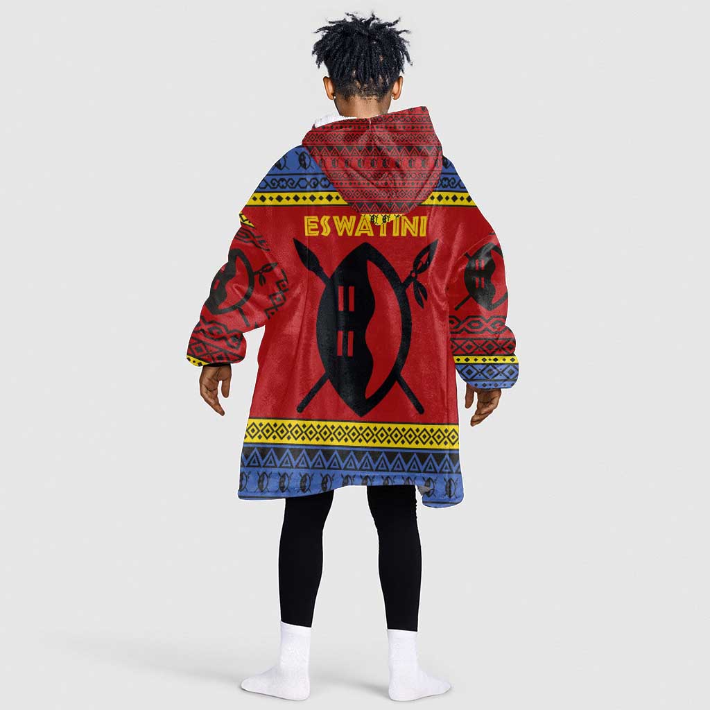 Eswatini Flag Kid Wearable Blanket Hoodie Nguni Shield Spear Pattern