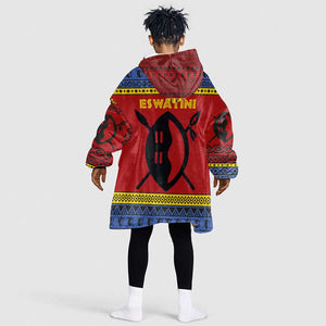 Eswatini Flag Kid Wearable Blanket Hoodie Nguni Shield Spear Pattern
