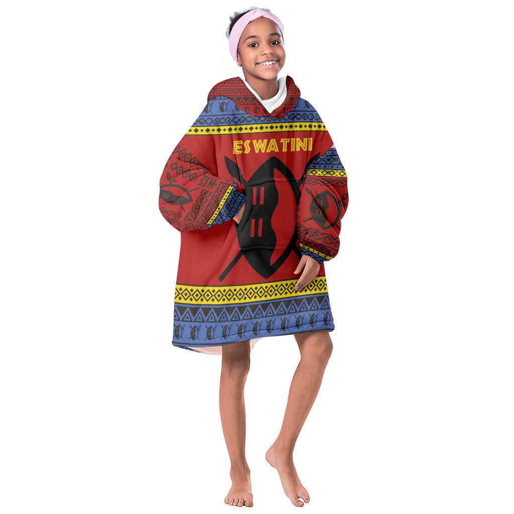 Eswatini Flag Kid Wearable Blanket Hoodie Nguni Shield Spear Pattern