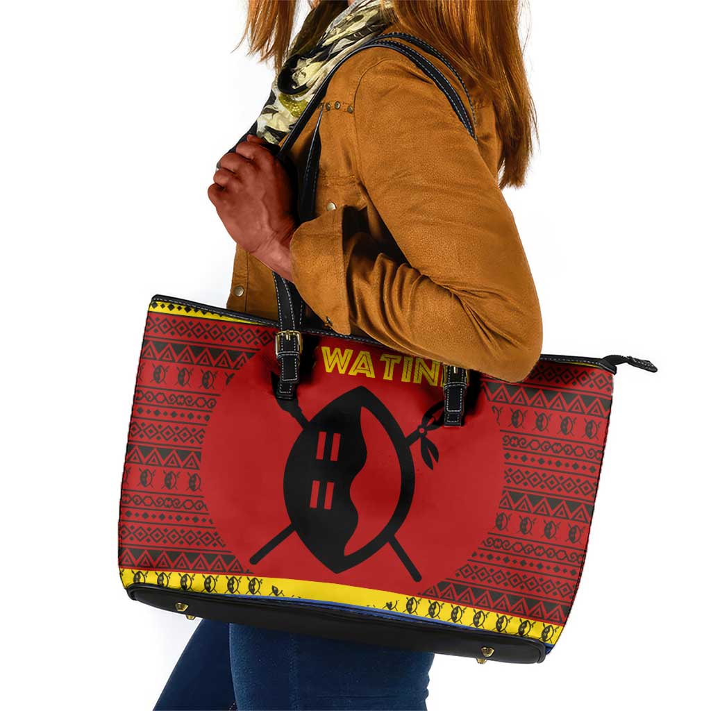 Eswatini Flag Leather Tote Bag Nguni Shield Spear Pattern