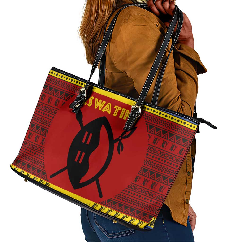 Eswatini Flag Leather Tote Bag Nguni Shield Spear Pattern