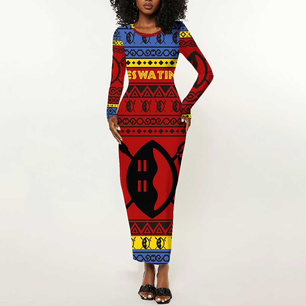 Eswatini Flag Long Sleeve Bodycon Dress Nguni Shield Spear Pattern