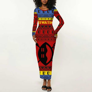 Eswatini Flag Long Sleeve Bodycon Dress Nguni Shield Spear Pattern