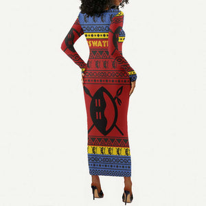 Eswatini Flag Long Sleeve Bodycon Dress Nguni Shield Spear Pattern