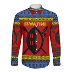 Eswatini Flag Long Sleeve Button Shirt Nguni Shield Spear Pattern