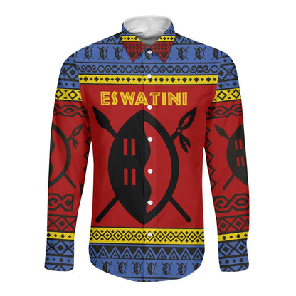 Eswatini Flag Long Sleeve Button Shirt Nguni Shield Spear Pattern