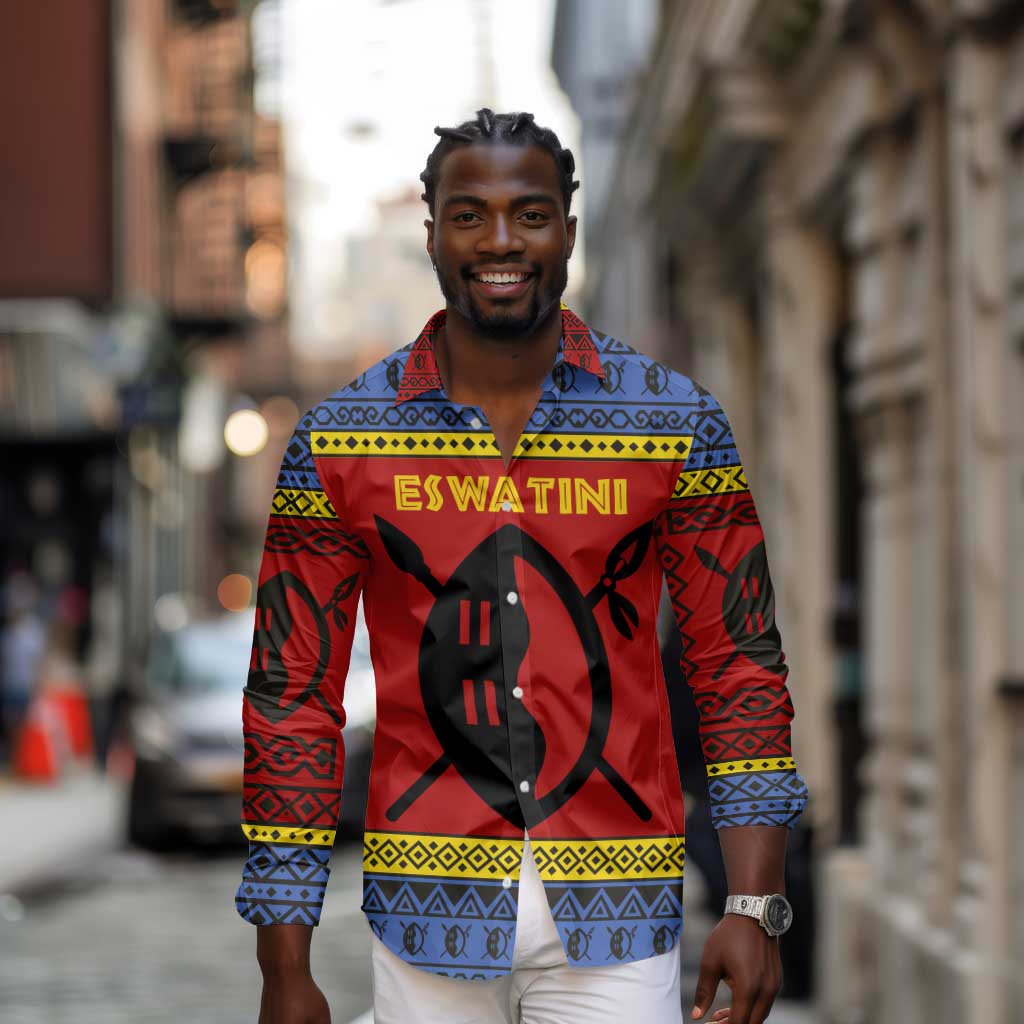 Eswatini Flag Long Sleeve Button Shirt Nguni Shield Spear Pattern