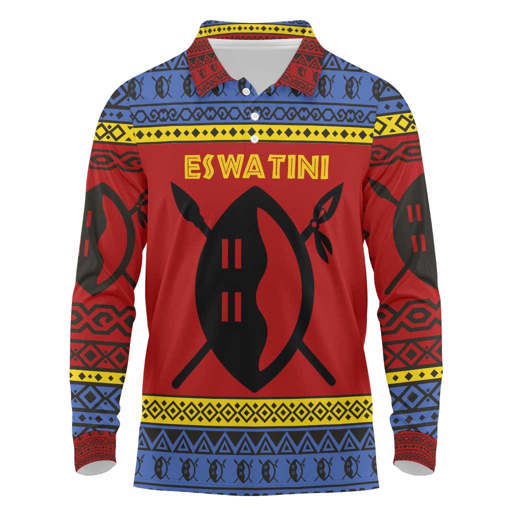 Eswatini Flag Long Sleeve Polo Shirt Nguni Shield Spear Pattern
