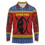 Eswatini Flag Long Sleeve Polo Shirt Nguni Shield Spear Pattern