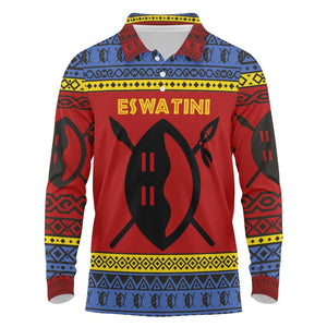 Eswatini Flag Long Sleeve Polo Shirt Nguni Shield Spear Pattern