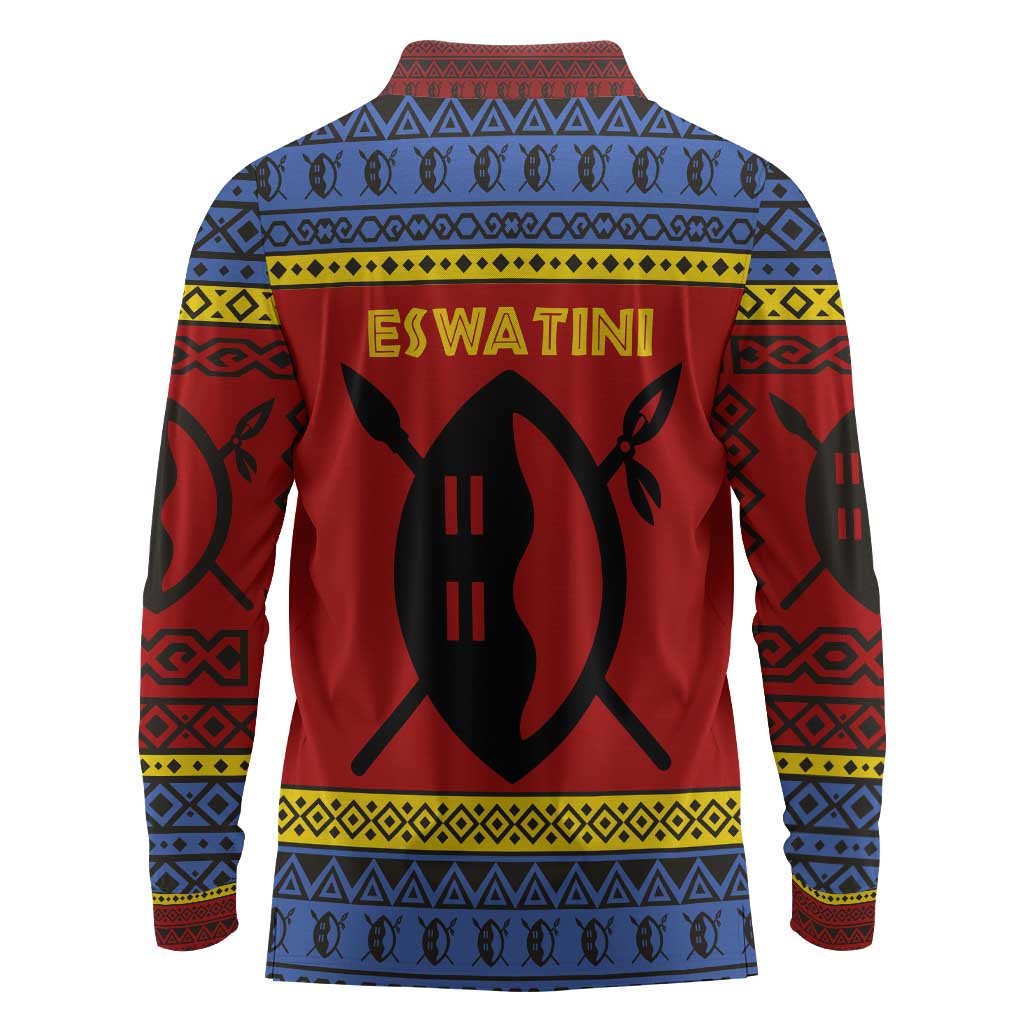 Eswatini Flag Long Sleeve Polo Shirt Nguni Shield Spear Pattern